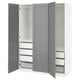 PAX wardrobe: grey & white tall closet with drawers & shelves. Modern, minimalist design.