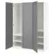 An open white and grey PAX wardrobe with shelves.