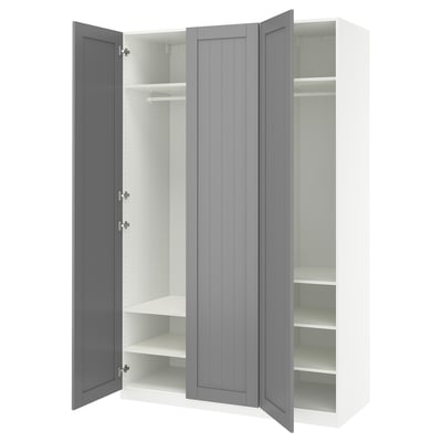 PAX wardrobe: grey, white shelves, wall-mounted, tall, sleek design.