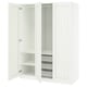 White PAX wardrobe with open doors revealing shelves and a mesh basket.