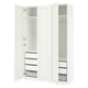 Displays a white PAX wardrobe with open doors, showing inner shelves, drawers, and a mesh basket.
