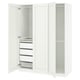 White PAX wardrobe with mesh basket, pull-out trays, and adjustable feet.