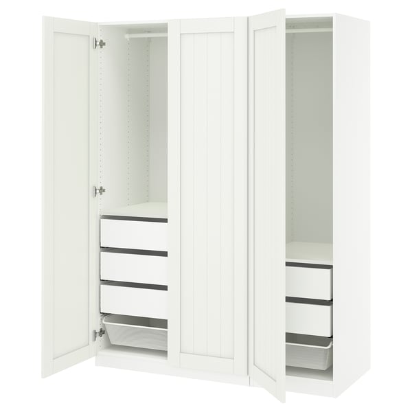 A white PAX wardrobe with open sections revealing shelves and a mesh basket.
