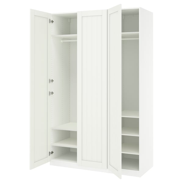 Ikea PAX white wardrobe with open doors, white interior, hanging rail, and shelves.