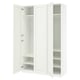 Ikea PAX white wardrobe with open doors, white interior, hanging rail, and shelves.