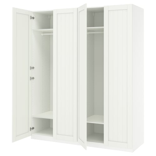 A white PAX wardrobe with open doors, revealing empty shelves and a hanging rod.