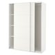 An ikea PAX wardrobe. Its white, rectangular with sliding doors and shelves inside.