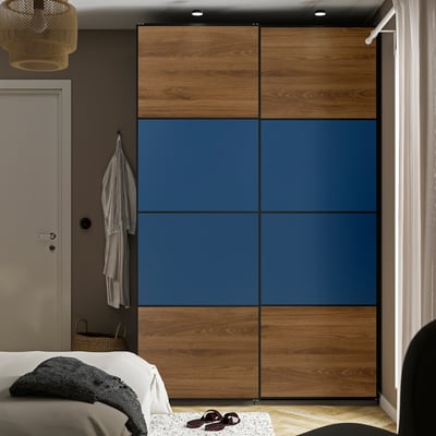 PAX / MEHAMN Wardrobe with sliding doors, dark gray black/walnut blue, 59x26x92 7/8 "