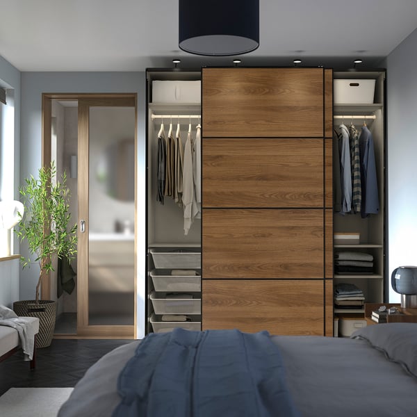 PAX / MEHAMN Wardrobe with sliding doors, gray-beige black/double sided walnut, 78 3/4x26x93 1/8 "