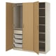 PAX wardrobe: oak doors, beige frame, adjustable shelves, mesh baskets, soft-close hinges.