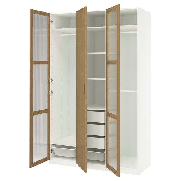 White ikea PAX wardrobe with oak doors, mesh basket, and shelves, wall-mounted.