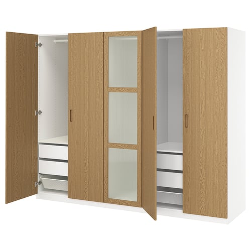 Wooden IKEA PAX wardrobe with light wood doors, handles, glass panels, shelves, and drawers.