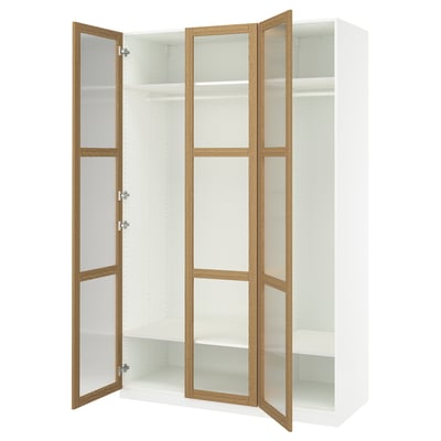 PAX wardrobe, white with wooden doors, frosted glass panels, wall-mounted, four adjustable shelves.
