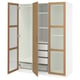 PAX wardrobe: white & oak, 3 sections, 2 doors open, shelves & drawers inside.
