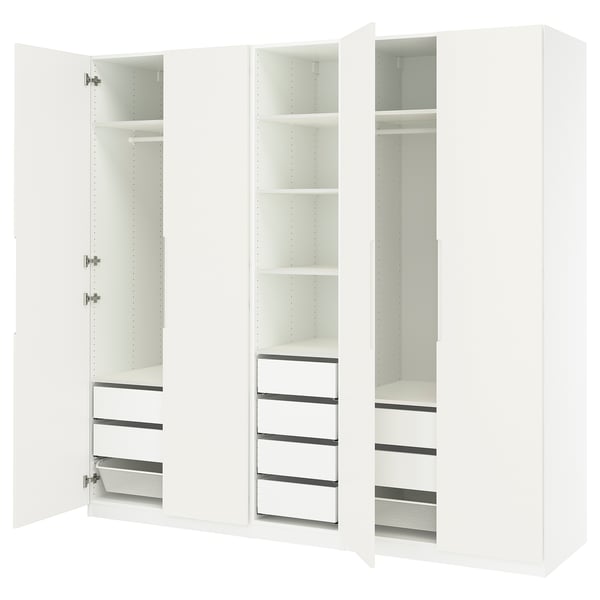 White PAX wardrobe with mirrored doors, featuring shelves and drawers.