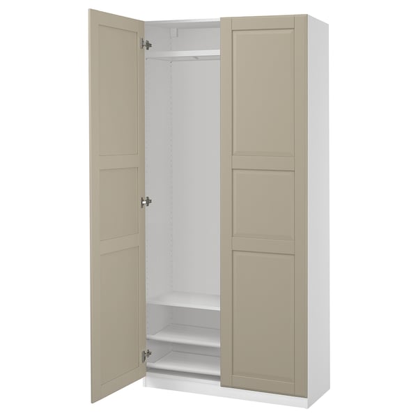 Open beige PAX wardrobe, simple interior, clean lines.