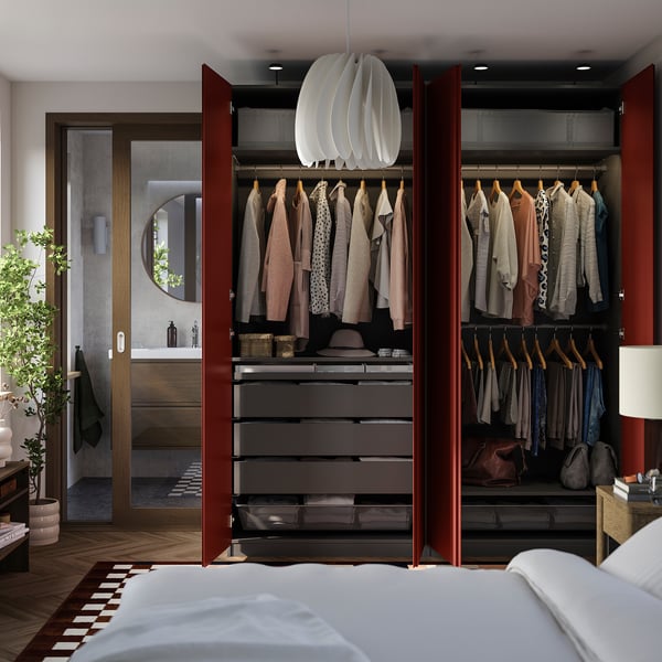 PAX / VIKANES Wardrobe combination, dark gray/red-brown, 78 3/4x23 5/8x93 1/8 "