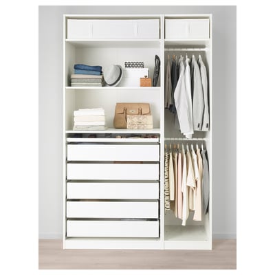 A white wardrobe unit with shelves, drawers, and hanging space for clothing and accessories.