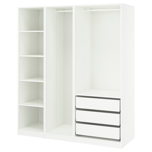 White PAX wardrobe with open shelves and drawers, modern minimalist design.