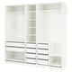 White IKEA PAX wardrobe with open shelves, hanging rail, and mesh drawers.