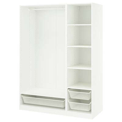 A white IKEA PAX wardrobe with hanging and shelf space, featuring mesh storage baskets.