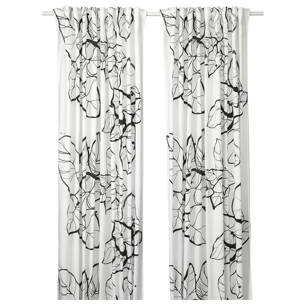 PELARKÖRSBÄR Curtains, 1 pair, white/black floral pattern/with heading tape, 57x98 "