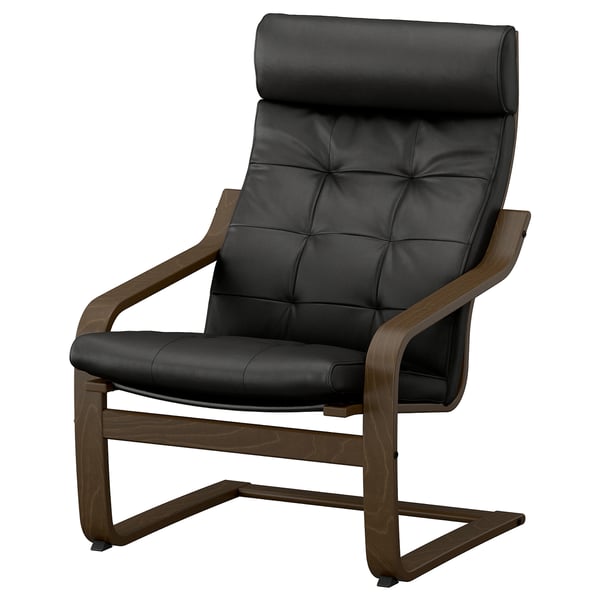 POÄNG chair: black leather seat and back, curved wooden frame, comfortable recliner.
