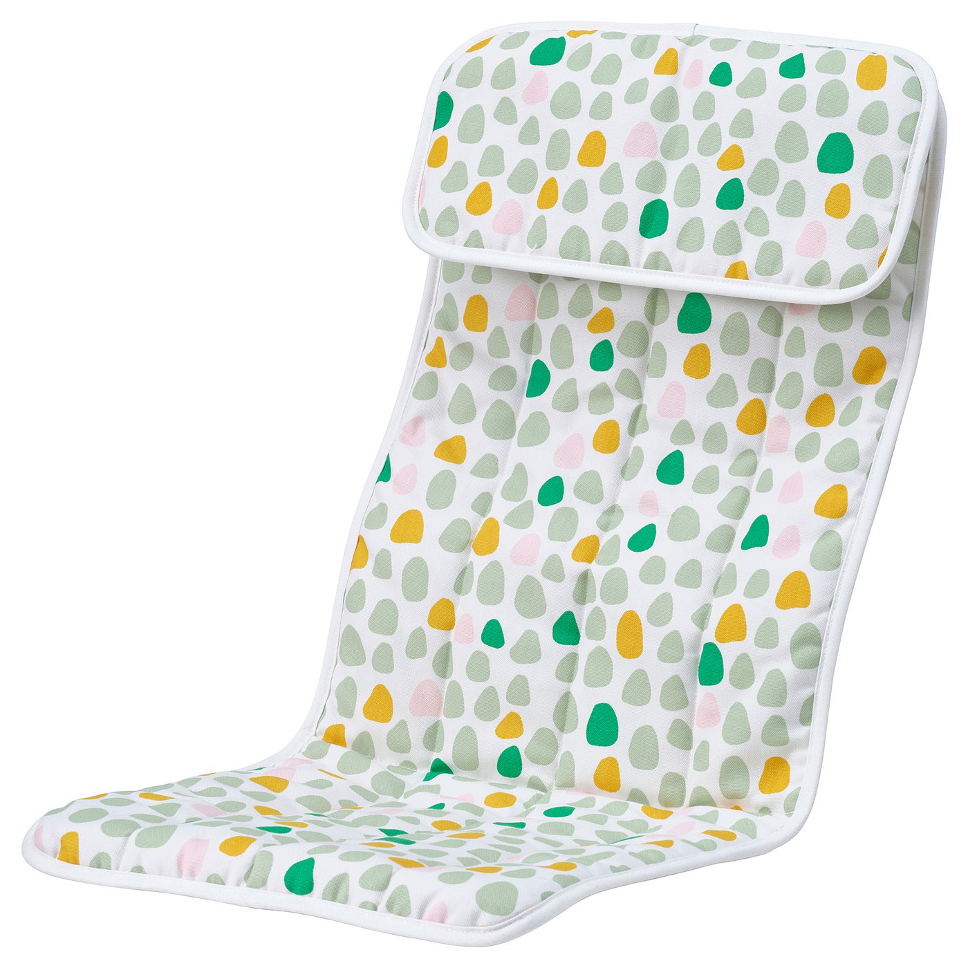 POÄNG child seat cushion, colourful dot pattern, white base, soft & safe, machine washable.