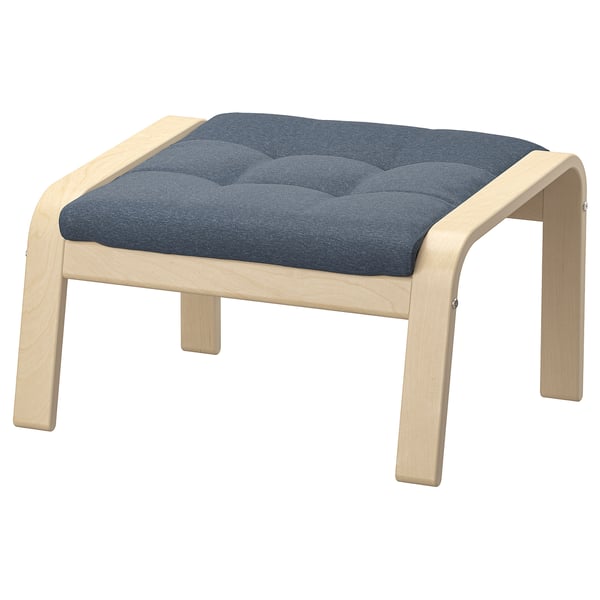 POÄNG footstool: blue, wooden, curved design, cushioned seat.
