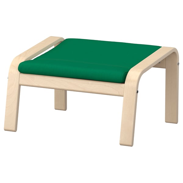 POÄNG footstool: bright green cushion, light wood frame, rectangular shape, simple design.
