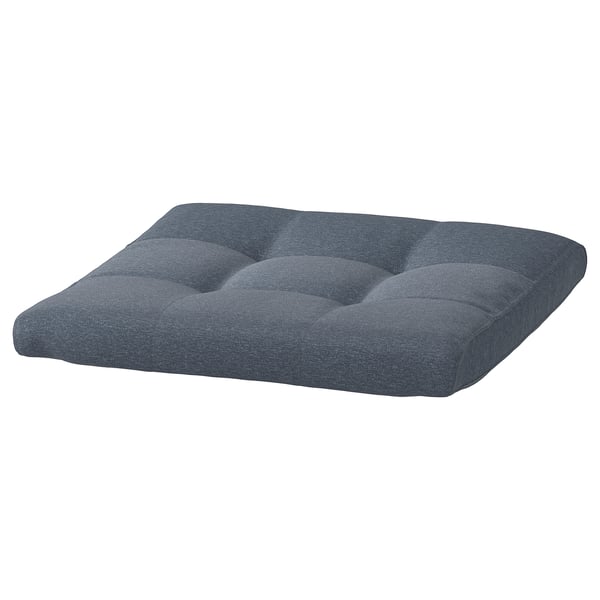 A rectangular, blue-gray POÄNG cushion with tufted design, made from recycled polyester.