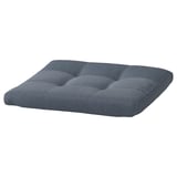 A rectangular, blue-gray POÄNG cushion with tufted design, made from recycled polyester.