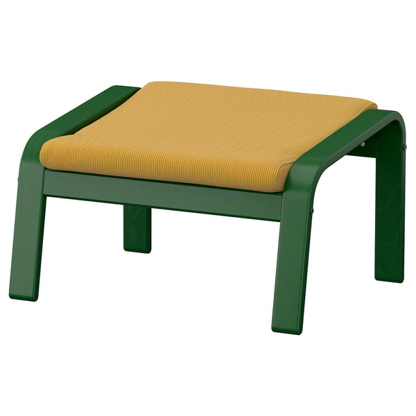 Green POÄNG footstool with tan cushioned top.