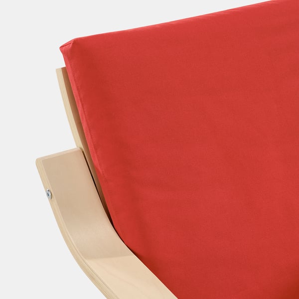 Bright red cushioned seat on curved wooden chair, showcasing quality materials and comfortable design.