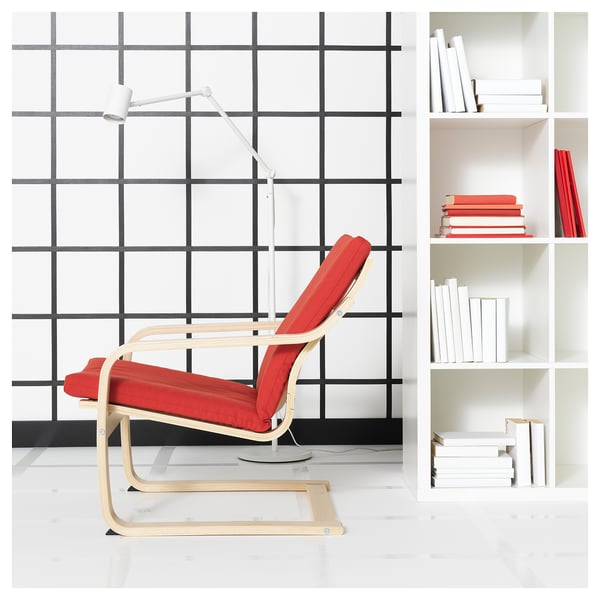 POÄNG Low-back armchair, natural/beige/Vissle red