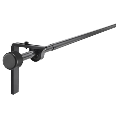 Black RÄCKA curtain rod set with extendable pole, mounts on wall or ceiling, includes 4 brackets and 2 finials.