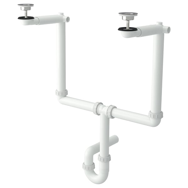White RÄNNILEN sink trap system, stainless steel & plastic, u-shape design, fits cabinets.