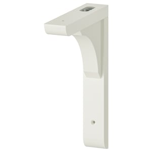 A white RAMSHULT bracket, suitable for 20 or 30 cm deep shelves. Made of acrylic paint and fiberboard, its versatile and easy to mount.
