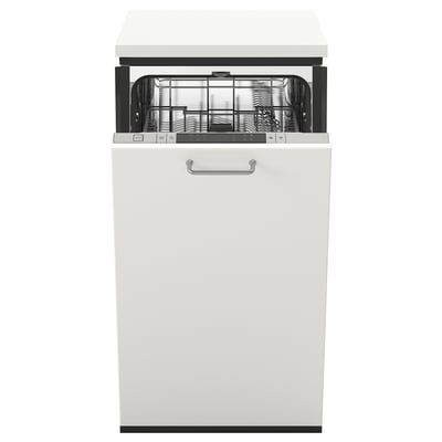 White compact dishwasher with adjustable racks, featuring a 5-year guarantee and various washing programmes. Ideal for small spaces.