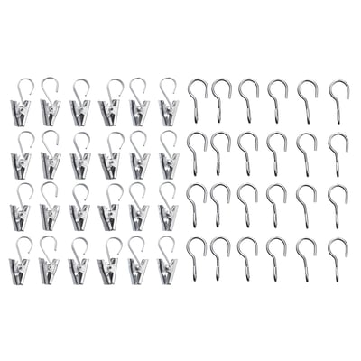 Silver stainless steel curtain clips & hooks. Organised, ideal for smooth sliding on wires, perfect for bathroom use.