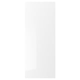 A white, glossy RINGHULT kitchen cabinet door with straight lines and a sleek design. The material is fibreboard with a melamine foil front.