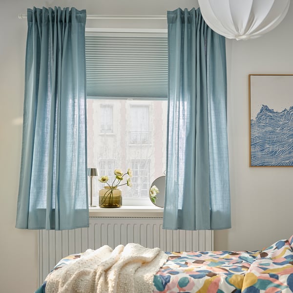 RITVA Curtains with tie-backs, 1 pair, gray-blue/with heading tape, 57x65 "