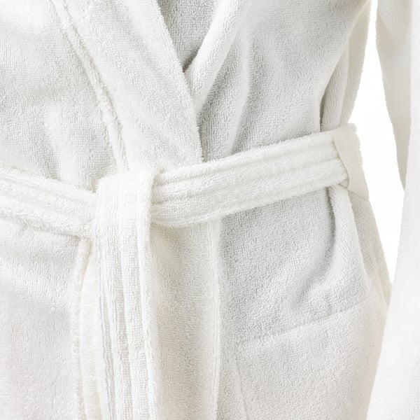 White bathrobe with adjustable belt, side pockets, soft terry inside and out.