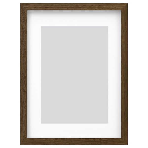 Brown wooden picture frame with white mat, fits vertically or horizontally, includes hanging hook.