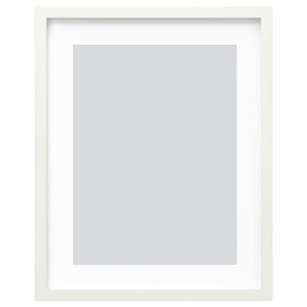 White RÖDALM picture frame with grey mat, rectangular, holds photo or art.