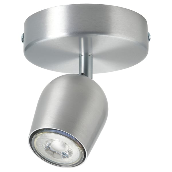 Silver ceiling spotlight, adjustable, aluminium, chrome, round shade, metal base.