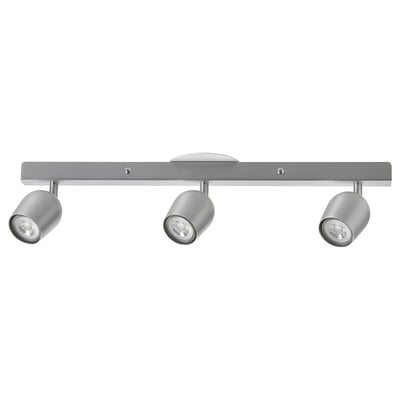 Silver ceiling spotlight, RÖKFRI, 3 adjustable lights on metal bar.