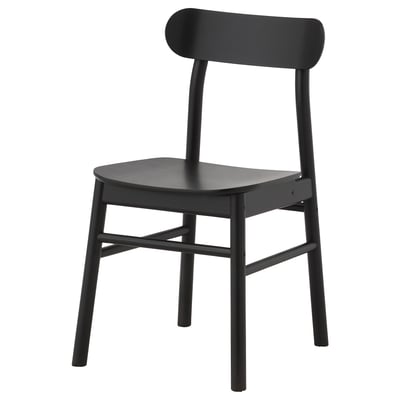 A black RÖNNINGE chair with a wooden seat, curved back, and sleek metal legs. Its simple, vintage-inspired design fits in various settings.