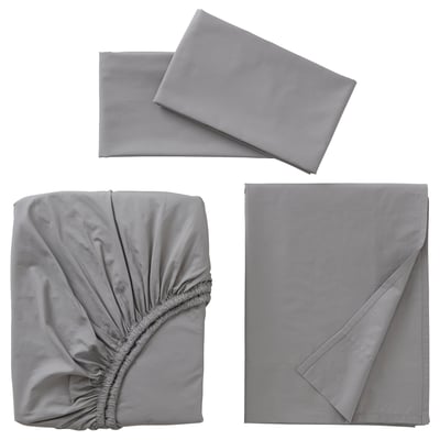 Set of grey bed linens: 1 flat sheet, 1 fitted sheet, 2 pillowcases. Crisp cotton percale, elastic edges, elegant double-fold hem.