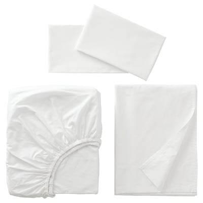 White RÖNNVECKMAL bed linens: flat, fitted sheet, and pillowcases, crisp cotton percale, elastic edges.